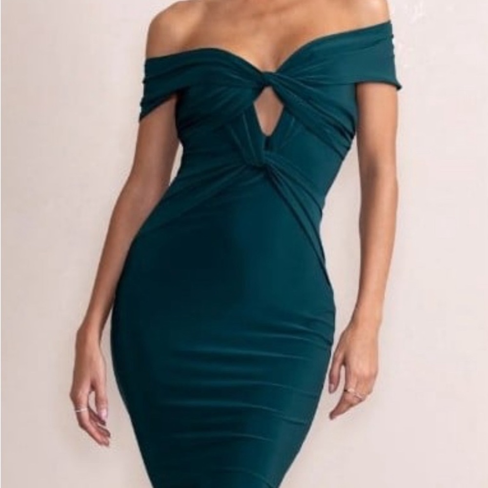 Club L London Teal Off-Shoulder Midi Dress